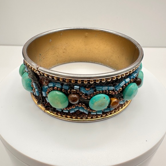 The Unbranded Brand Jewelry - Vintage 90s Mixed Media Bangle Bracelet Turquoise Tiger Eye Glass Beaded Boho